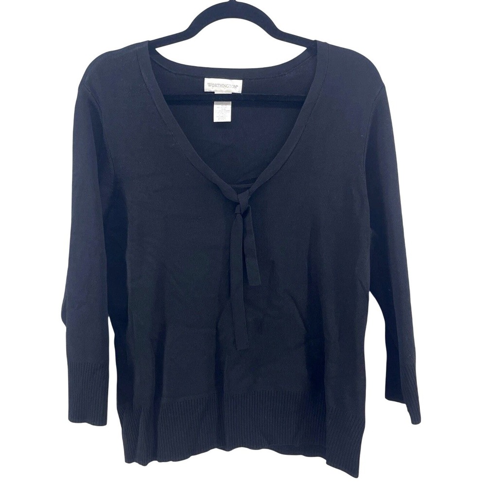 Ribbed‎ Knit Blouse Women XL Black Stretch Bow Tie Capsule Preppy Chic Interview